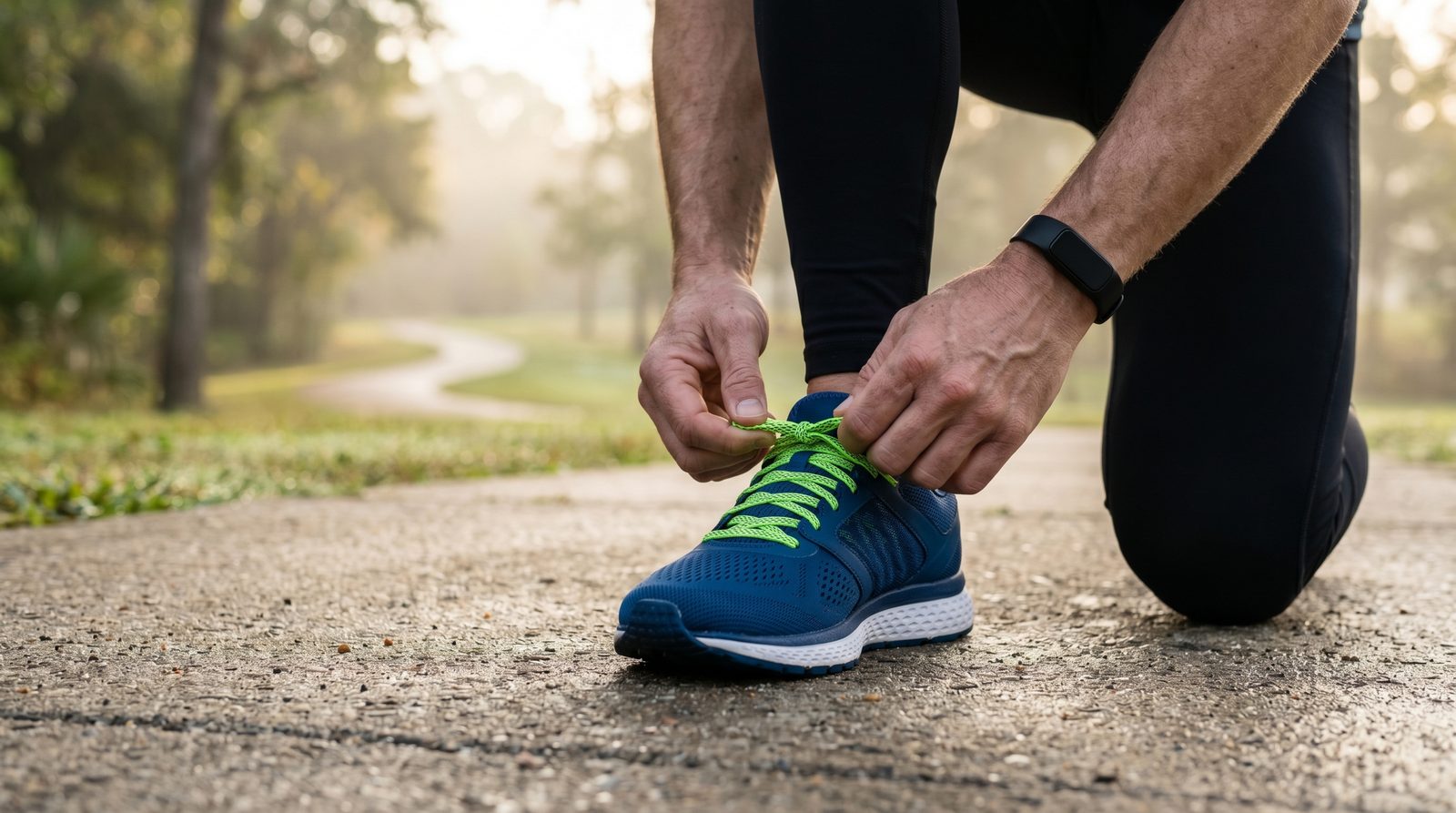 Active man tying a running shoe, representing men&rsquo;s mobility, joint health, and active aging support.