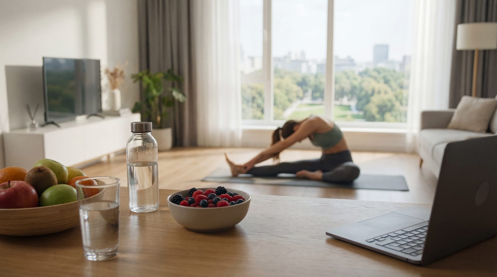 Woman stretching beside a bowl of berries, representing long-term women&rsquo;s wellness